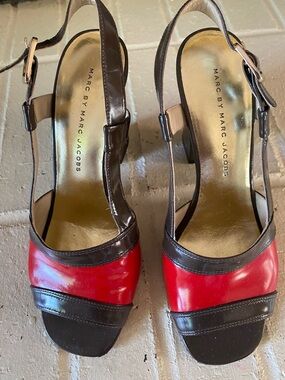 Marc by Marc Jacobs Red and Brown Leather Slingback Heels with Block Heel